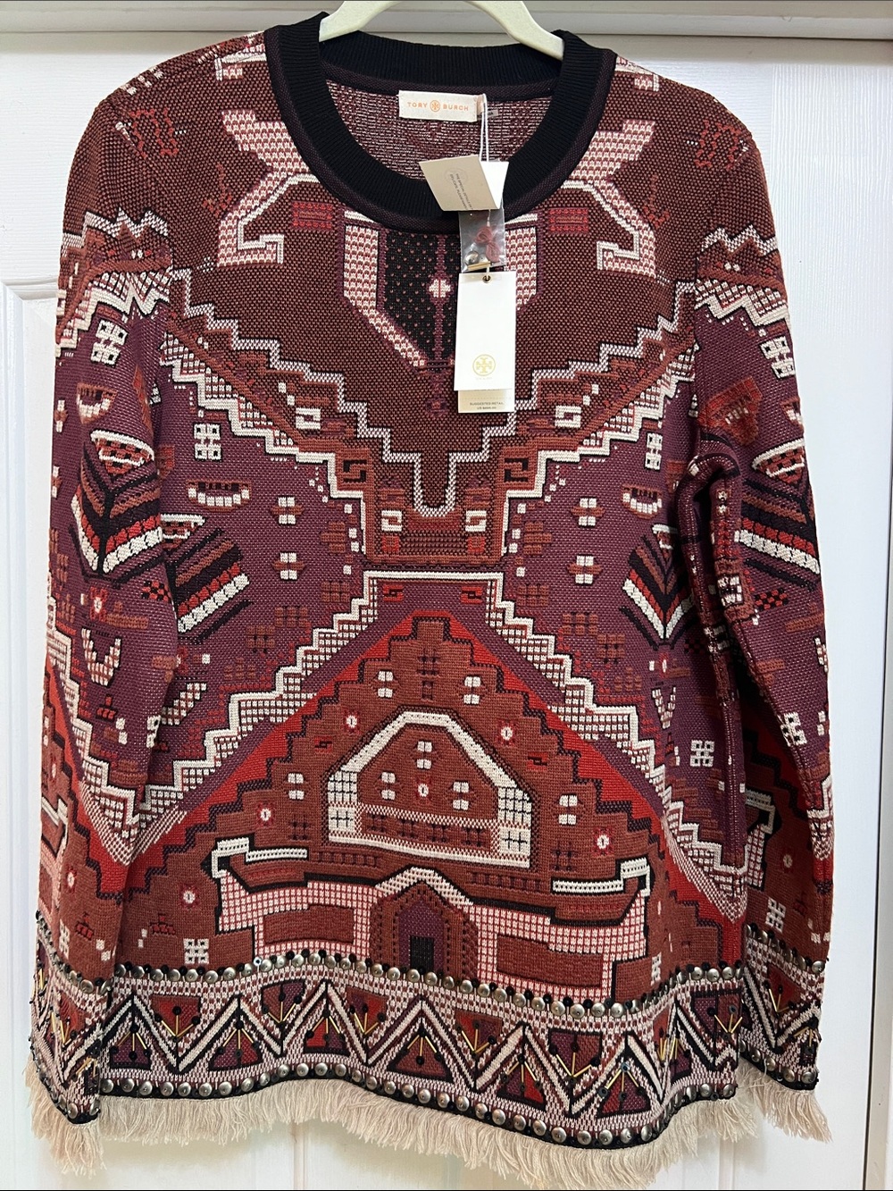 Tory Burch Burgundy, Black and Cream Geometric Jacquard Crewneck Sweater
